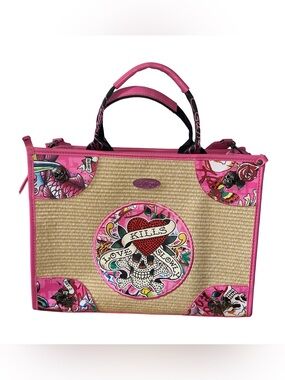 Ed Hardy Pink Straw Tote with Tattoo Skull Graphic